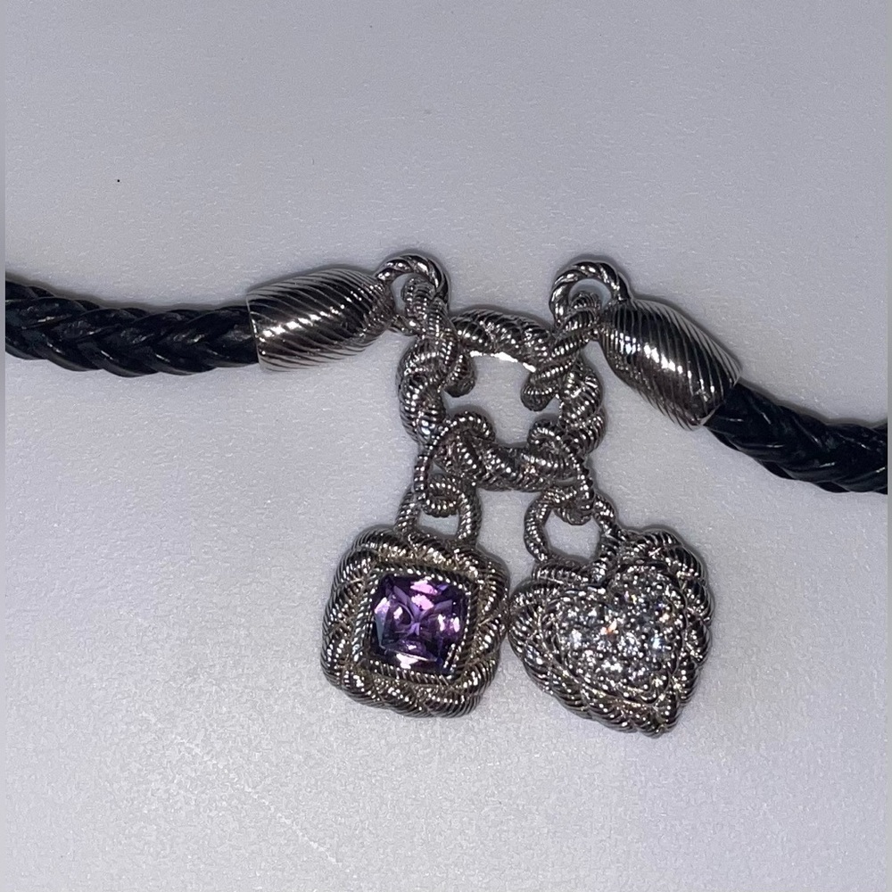 Vintage Judith Ripka Black Braided Leather Choker Necklace – 925SS & Amethyst